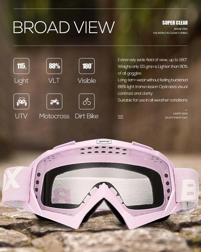 BATFOX Motorcycle Glasses Goggles Dirt Bike Motocross Safety ATV Tactical Riding (Clear-Violet, Adult) - Image 5